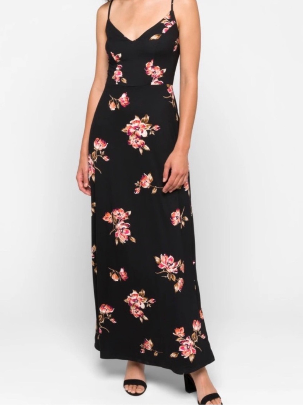 nine britton Black Maxi Dress with Pink Floral Print
